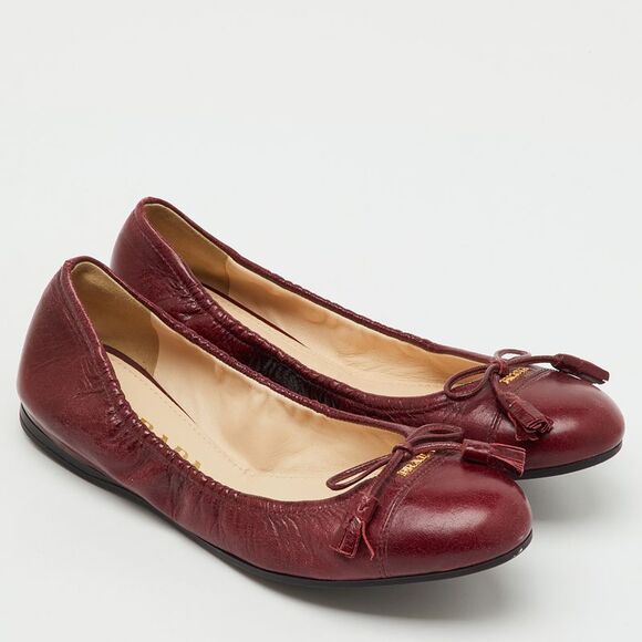Prada Burgundy Leather Bow Scrunch Ballet Flats Size 37.5